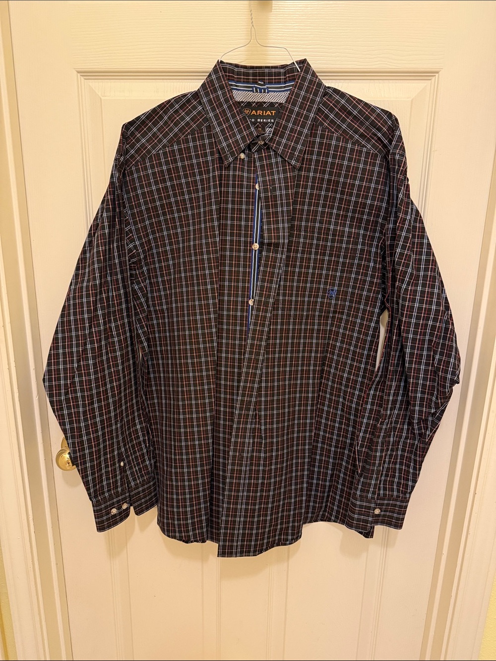 Ariat Men’s Black Plaid Button-Down Shirt with Blue and Red Accents